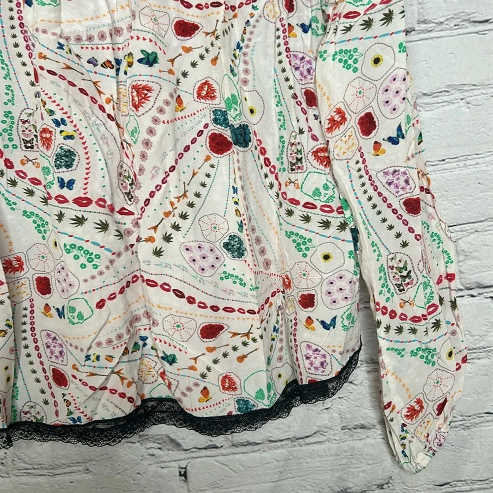 Zadig & Voltaire Paris Cream Paisley Black Lace Long Sleeve Blouse Size X-Small
